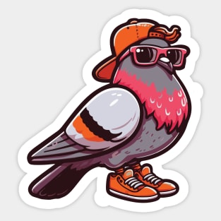 a cool Pigeon with orange cap and shoes and pink sunglasses Sticker